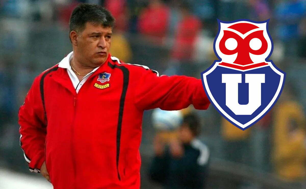 Claudio Borghi con indumentaria de Colo-Colo junto al escudo de Universidad de Chile.