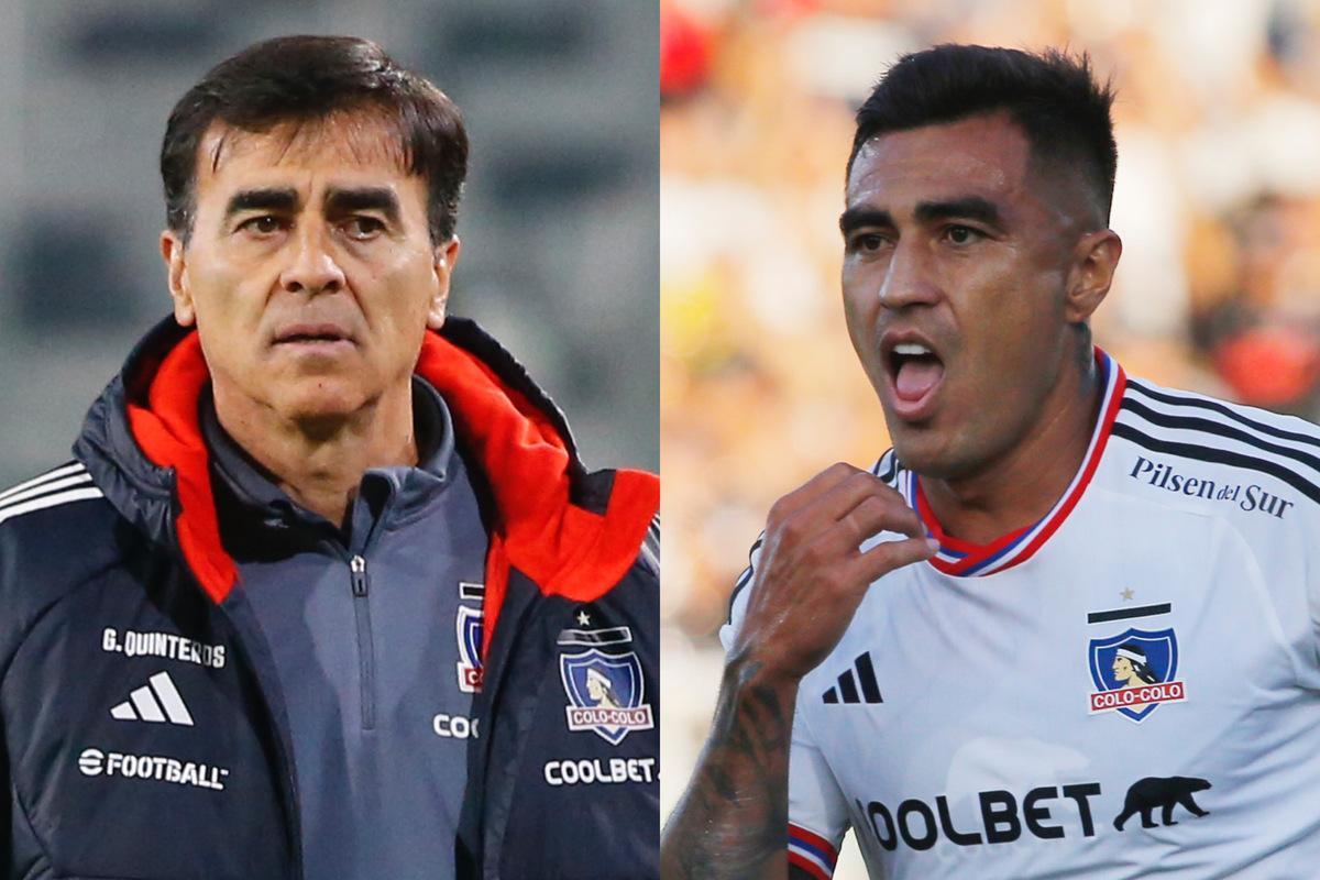 Gustavo Quinteros observando con seriedad. Darío Lezcano festejando tras anotar un gol.