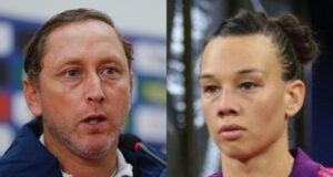 Luis Mena siendo presentado como nuevo dt de La Roja Femenina. Christiane Endler jugando un partido por la selección chilena.