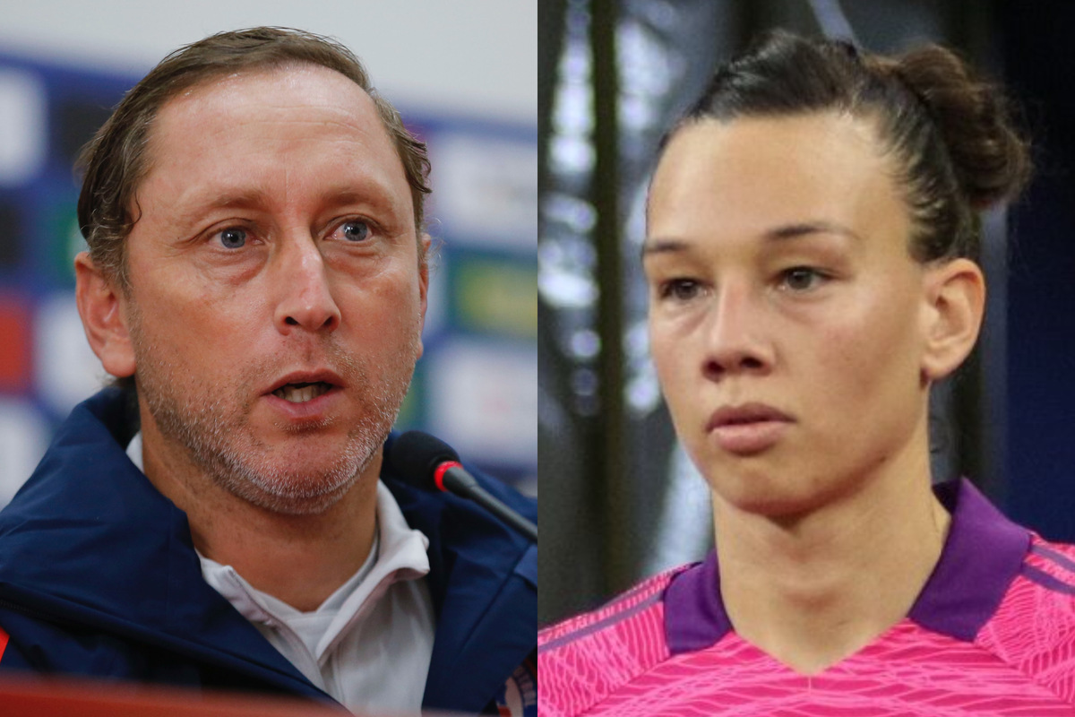 Luis Mena siendo presentado como nuevo dt de La Roja Femenina. Christiane Endler jugando un partido por la selección chilena.