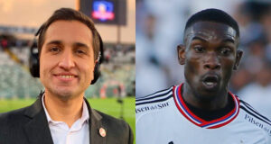 Daniel Arrieta sonriente durante la cobertura de un partido de Colo-Colo. Fabián Castillo con cara de sorpresa mientras disputa un partido por Colo-Colo.