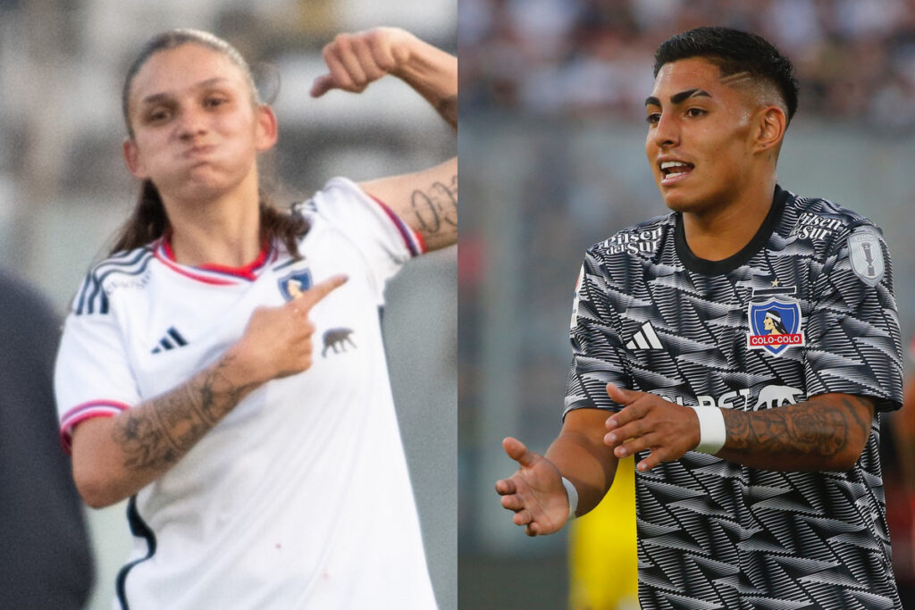 Isidora Olave celebrando un gol. Jordhy Thompson alegando una situación de un partido.