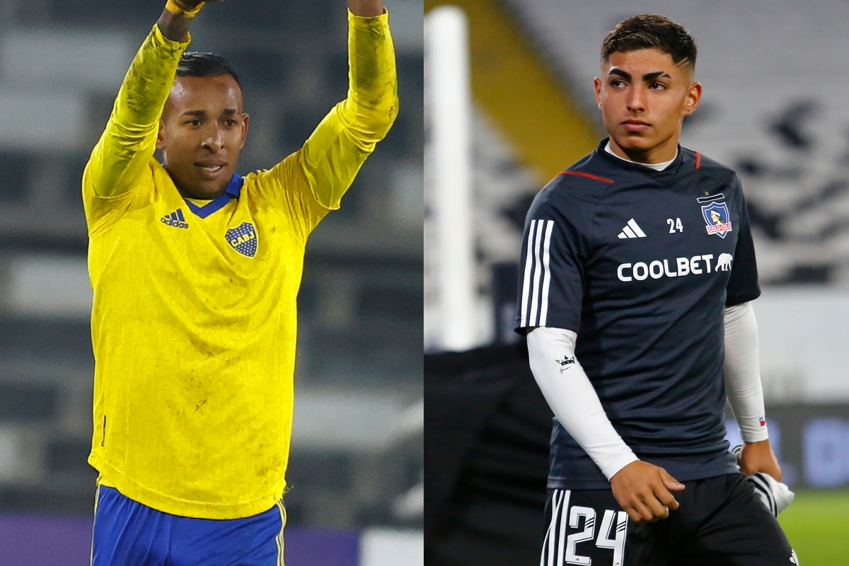 Sebastián Villa con la camiseta de Boca Juniors y Jordhy Thompson con la de Colo-Colo, antes del partido frente a Curicó Unido.