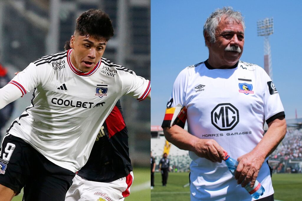 Damián Pizarro enfrentando a Curicó Unido y Carlos Caszely jugando un partido amistoso con la camiseta de Colo-Colo.