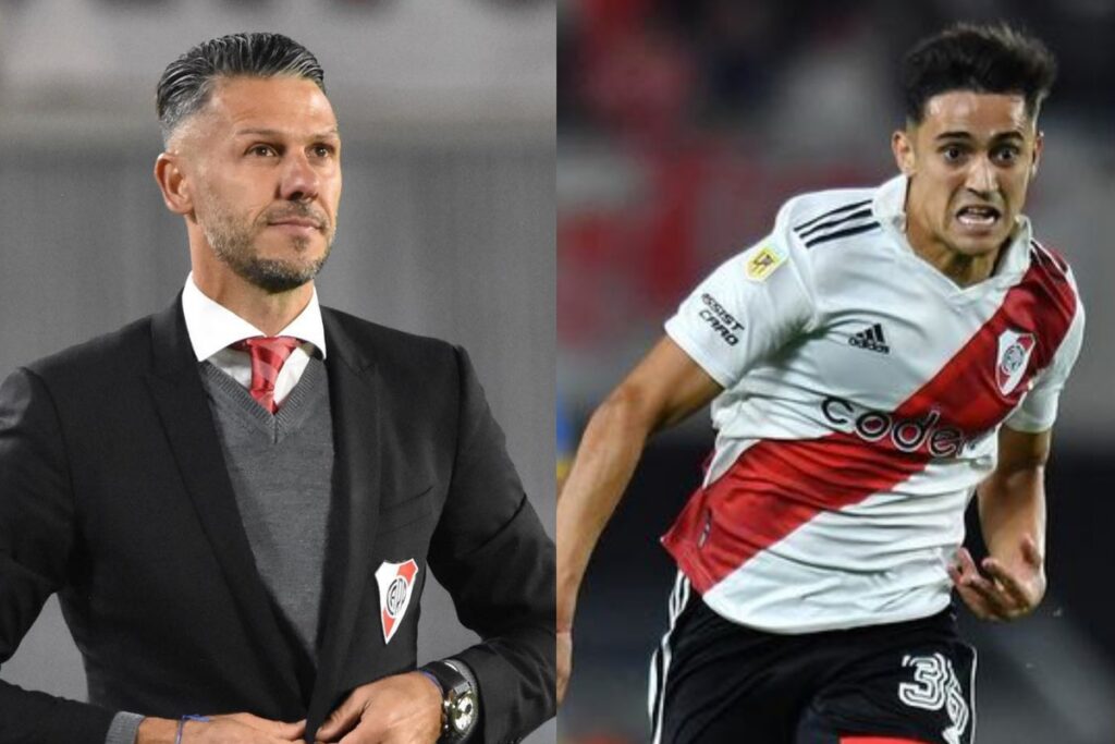 Martín Demichelis y Pablo Solari en el terreno de juego durante un partido de River Plate