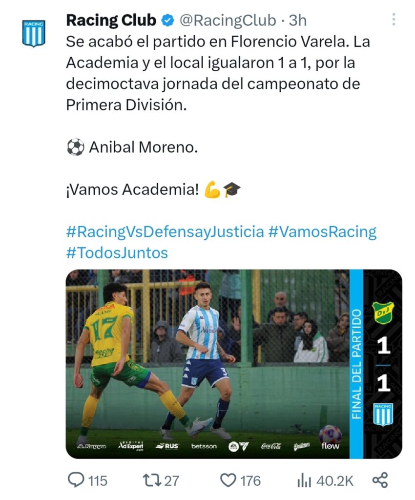Tweet de Racing de Avellaneda informando sobre el empate ante Defensa y Justicia