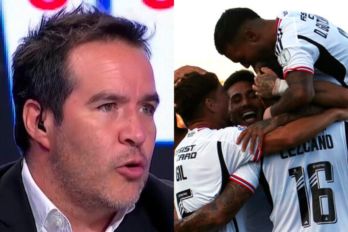 Collage compuesta por dos fotos: a mano izquierda aparece un primer plano al periodista Cristián Caamaño, mientras que en el sector derecho aparece el plantel 2023 de Colo-Colo celebrando un gol.