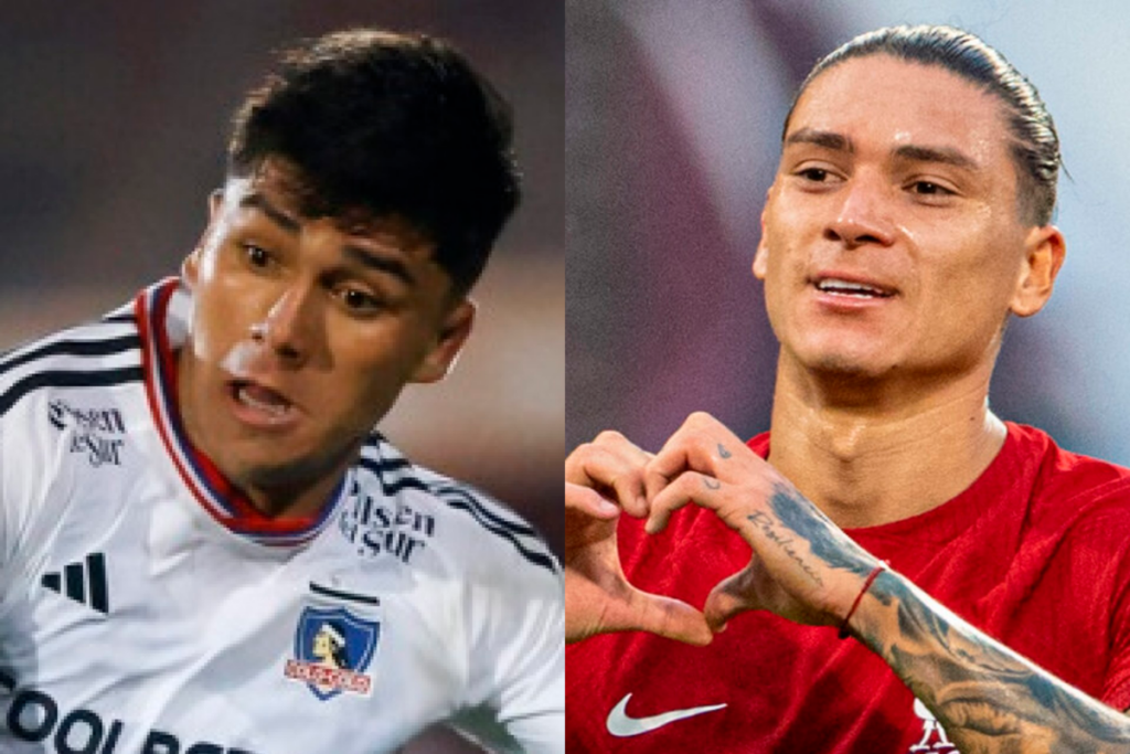 Primer plano a los rostros de Damián Pizarro, actual delantero de Colo-Colo y Darwin Núñez, estrella y goleador del Liverpool de Inglaterra.