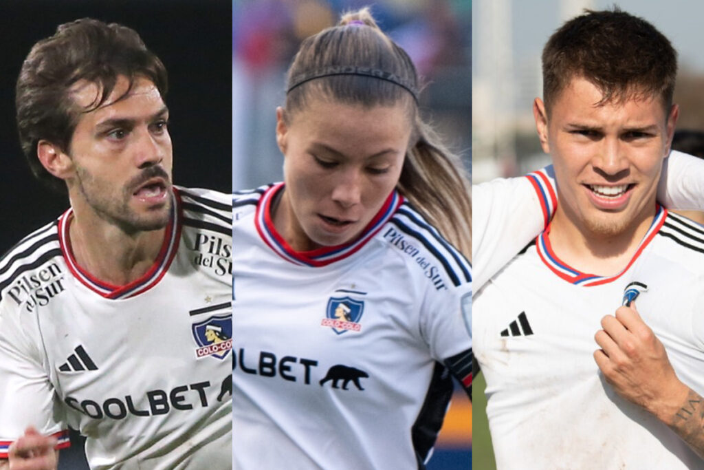 Agustín Bouzat, Yanara Aedo y Lucas Soto con la camiseta de Colo-Colo.