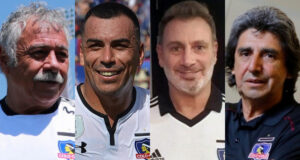 Carlos Caszely, Esteban Paredes, Marcelo Barticciotto y Lizardo Garrido sonrientes con la camiseta de Colo-Colo.