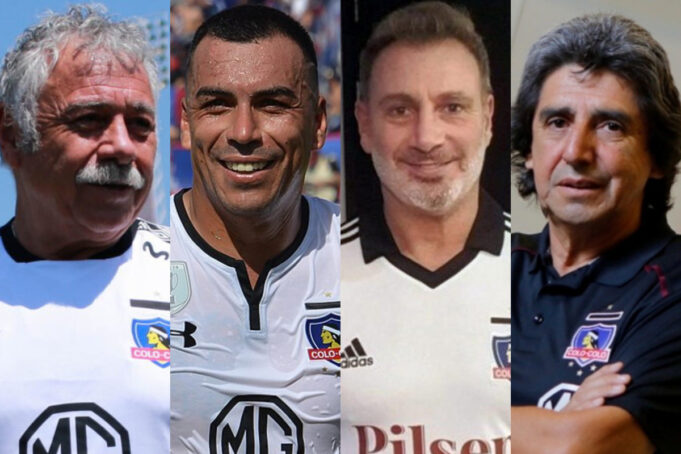 Carlos Caszely, Esteban Paredes, Marcelo Barticciotto y Lizardo Garrido sonrientes con la camiseta de Colo-Colo.