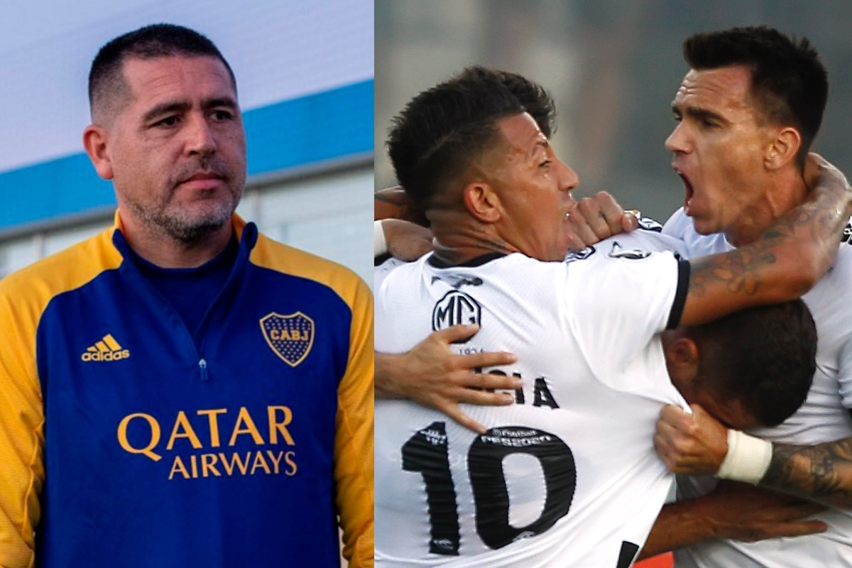 Juan Román Riquelme con polerón de Boca Juniors. Leonardo Valencia y Pablo Mouche celebrando un gol de Colo-Colo.