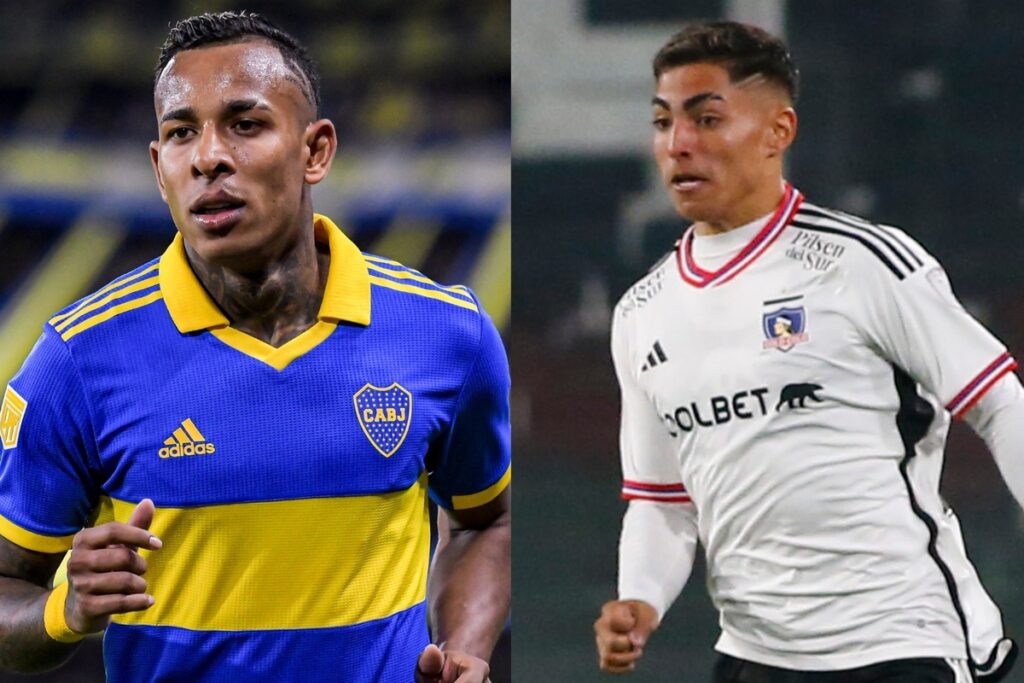 Sebastián Villa jugando para Boca Juniors y Jordhy Thompson para Colo-Colo