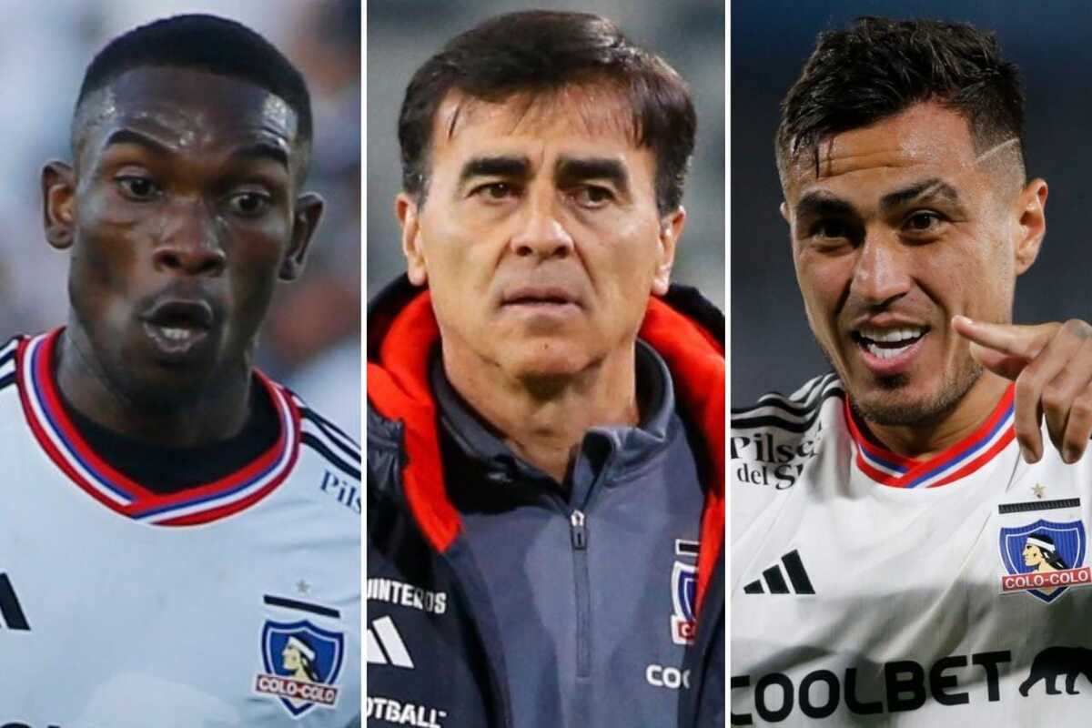 Primer plano a Fabián Castillo, Darío Lezcano y Gustavo Quinteros, actuales integrantes del plantel de Colo-Colo durante la temporada 2023.
