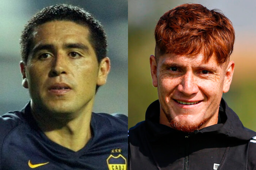 Primero plano a Juan Román Riquelme, actual vicepresidente y gerente deportivo de Boca Juniors, y Leonardo Gil, volante de Colo-Colo.