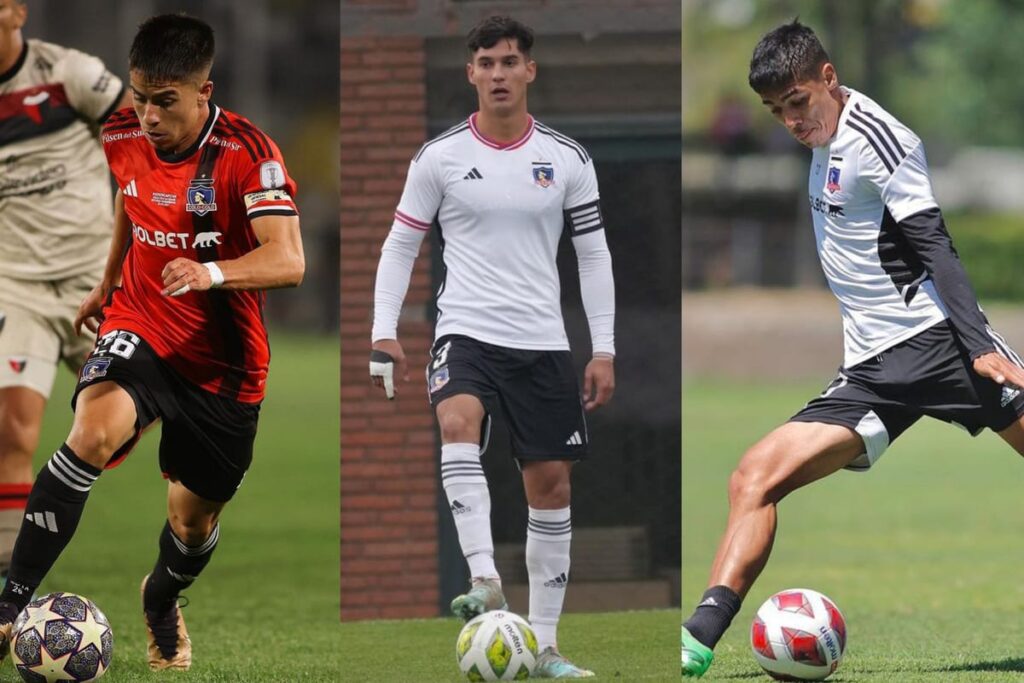 Matías Moya, Darko Fiamengo y Pedro Navarro defendiendo la camiseta de Colo-Colo en un partido oficial, con la cateogoría Proyección y en un entrenamiento, respectivamente.