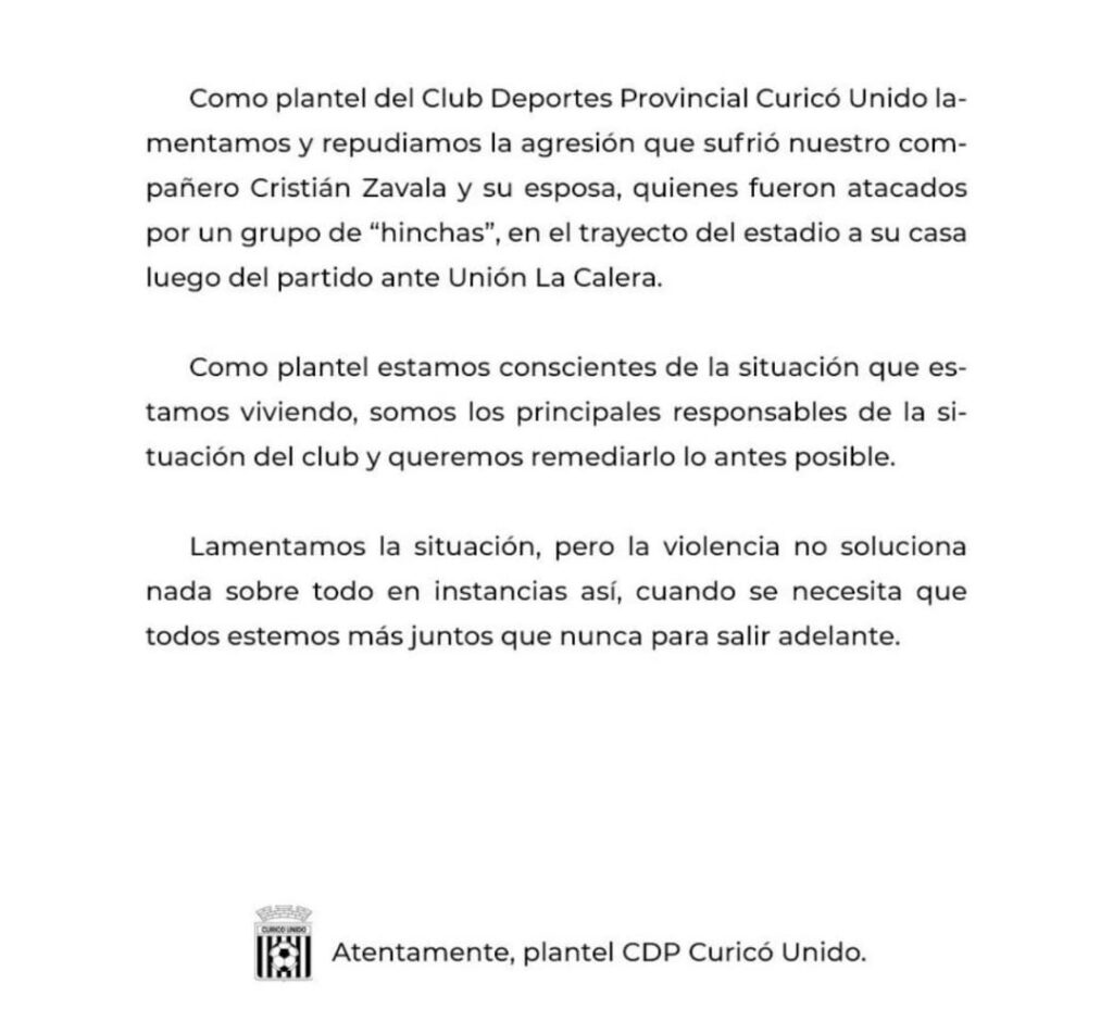 Comunicado plantel de Curicó Unido por el ataque de hinchas a Cristián Zavala
