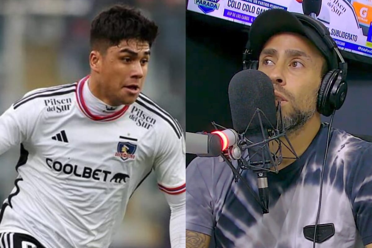 Primer plano de Damián con la camiseta de Colo-Colo Pizarro y Jorge Valdivia en el programa de Los Tenores