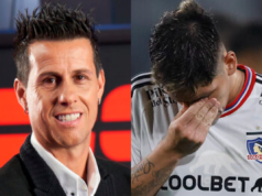 Primer plano a un sonriente Diego Rivarola y la cara de lamento de Carlos Palacios con la camiseta de Colo-Colo.