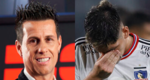Primer plano a un sonriente Diego Rivarola y la cara de lamento de Carlos Palacios con la camiseta de Colo-Colo.