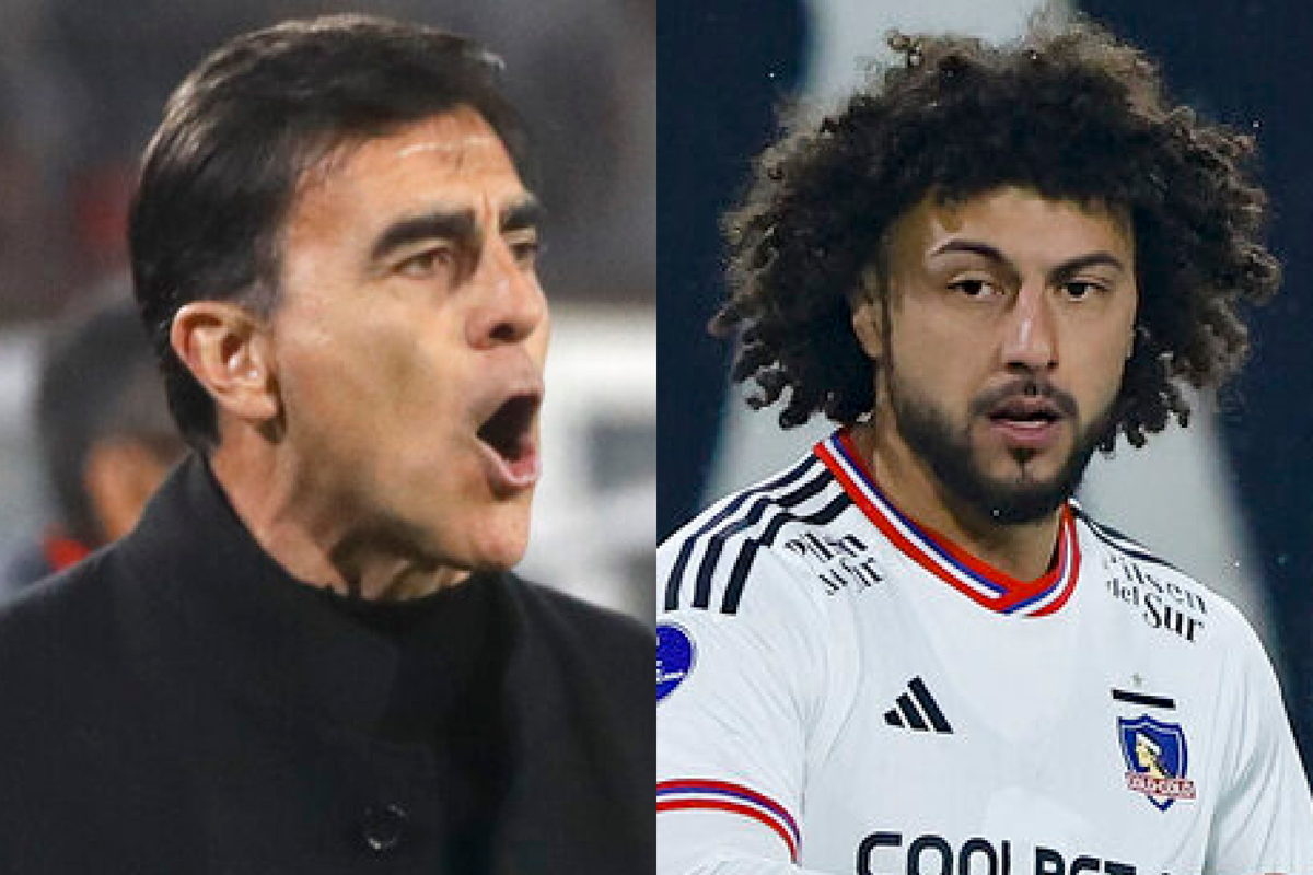 Primer plano a los rostros de Gustavo Quinteros y Maximiliano Falcón, entrenador y jugador de Colo-Colo durante la temporada 2023, respectivamente.