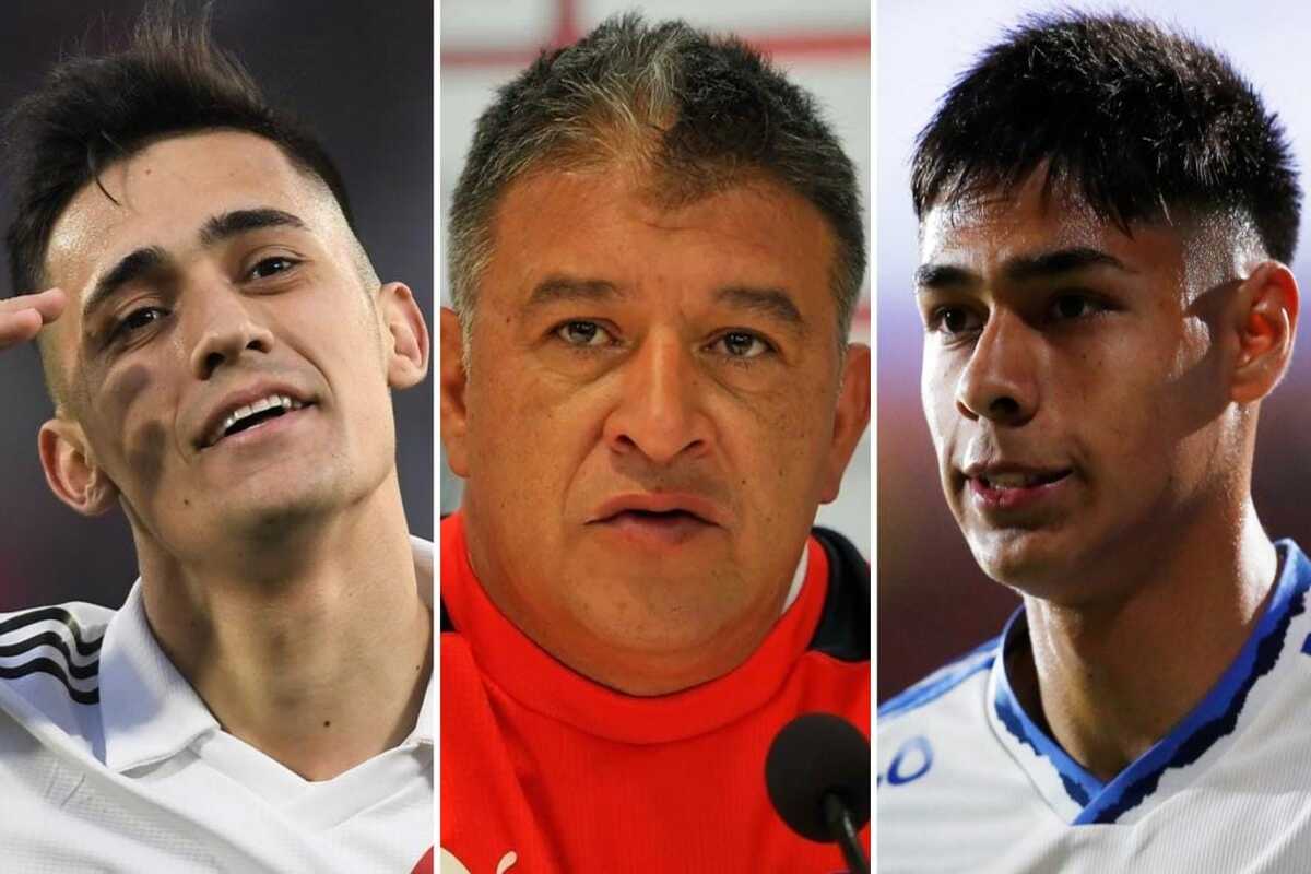 Primer plano a los rostros de Pablo Solari, Claudio Borghi y Darío Osorio, actual jugador de River Plate, panelista deportivo y futbolista de Universidad de Chile, respectivamente.
