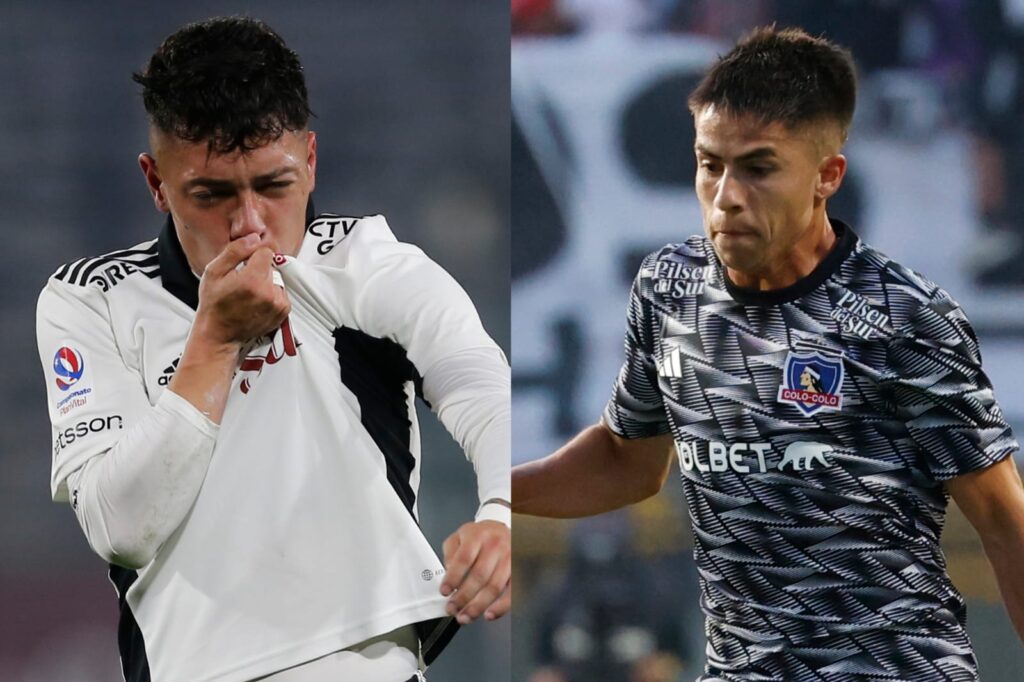 Primer plano a los torsos de Cristián Zavala y Matías Moya con la camiseta de Colo-Colo.