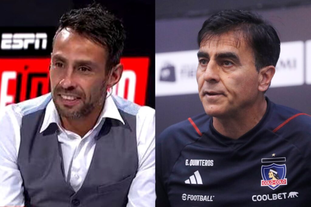 Primer plano a los rostros de Jorge Valdivia en ESPN y Gustavo Quinteros tras una conferencia de prensa con Colo-Colo