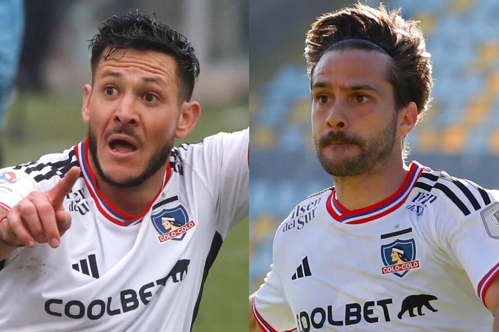 Primer plano a los rostros de Ramiro González y Agustín Bouzat con la camiseta de Colo-Colo.