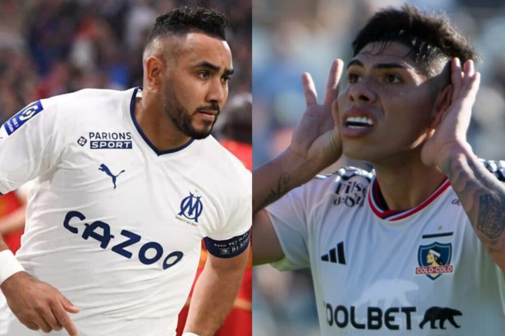 Primer plano a los rostros de Dimitri Payet y Carlos Palacios con la camiseta de Olympique Marsella y Colo-Colo, respectivamente.