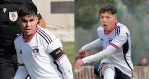 Primer plano a Bastián Silva y Leandro Hernández con la camiseta de Colo-Colo.
