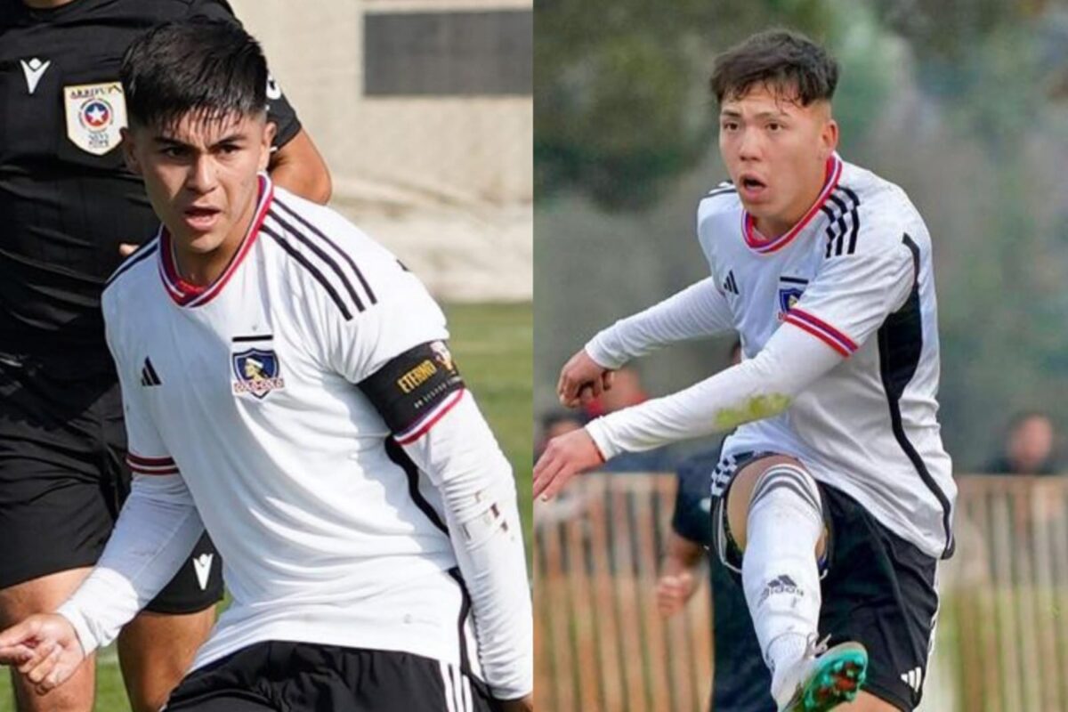 Primer plano a Bastián Silva y Leandro Hernández con la camiseta de Colo-Colo.