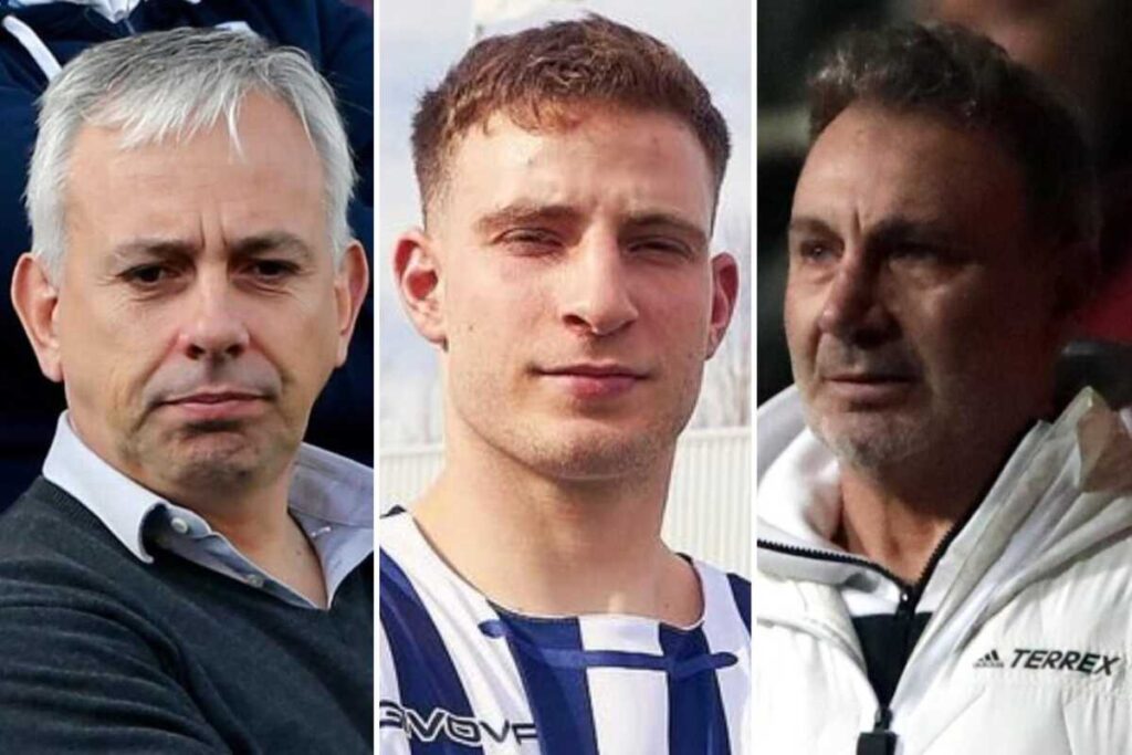 Primer plano a los rostros de Fernando Felicevich, Bruno Barticciotto y Marcelo Barticciotto, actual representante de jugadores, futbolista de Talleres y ex deportista de Colo-Colo, respectivamente.