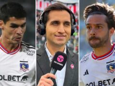 Primer plano a los rostros de Erick Wiemberg y Agustín Bouzat, actuales jugadores de Colo-Colo y Daniel Arrieta, periodista nacional en TNT Sports.