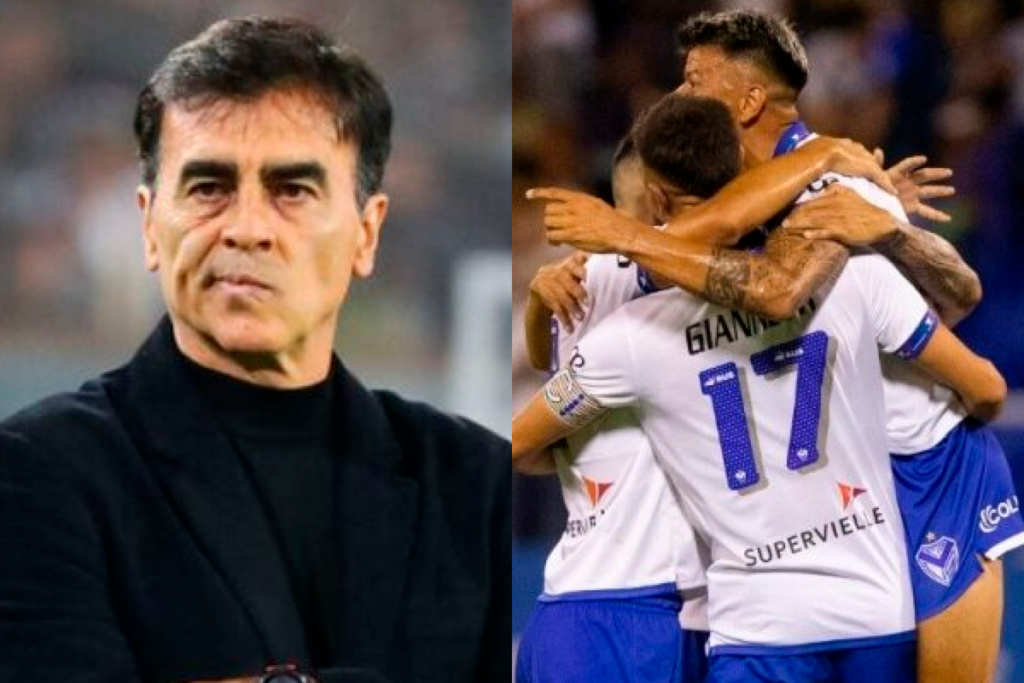 En el sector izquierdo Gustavo Quinteros con cara de preocupación, mientras que en el sector derecho se encuentran los futbolistas de Vélez Sarsfield celebrando.