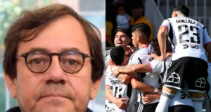 Primer plano al rostro de Danilo Díaz, mientras que en el sector derecho de la imagen aparecen los futbolistas de Colo-Colo abrazados celebrando un gol.