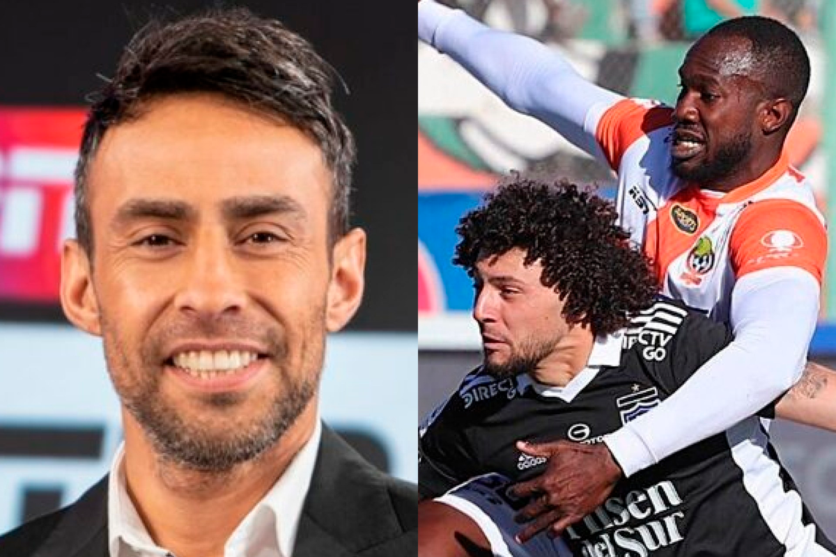 En el sector izquierdo de la imagen aparece el rostro sonriente de Jorge Valdivia, mientras que en el lado derecho Maximiliano Falcón y Cecilio Waterman disputan un balón en el duelo entre Colo-Colo y Cobresal por la primera rueda del Campeonato Nacional 2023.
