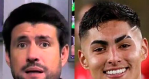 Primer plano a los rostros de Francisco Eguiluz y Jordhy Thompson, actual periodista deportivo y jugador de Colo-Colo, respectivamente.