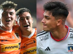 Primer plano a un par de jugadores de Cobreloa contentos ante las cámaras y Damián Pizarro, actual deportista de Colo-Colo.