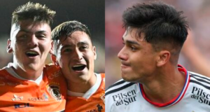 Primer plano a un par de jugadores de Cobreloa contentos ante las cámaras y Damián Pizarro, actual deportista de Colo-Colo.