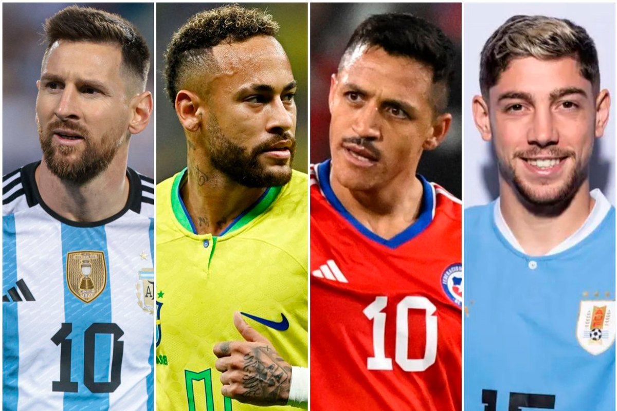 Primer plano a los rostros de Lionel Messi, Neyman, Federico Valverde y Alexis Sánchez, futbolistas sudamericanos y principales figuras de sus respectivas selecciones.