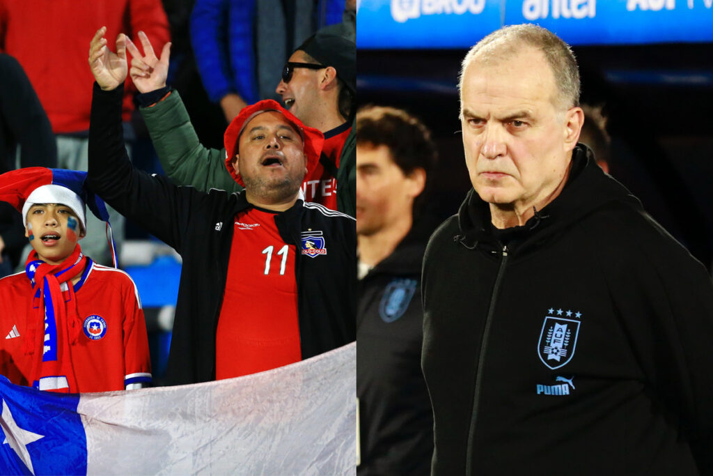 Hinchas de La Roja con la bandera de Chile en la mano. Marcelo Bielsa con el polerón de la Selección de Uruguay.