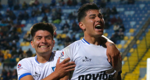 Maximiliano Rodríguez celebrando un gol con la camiseta de Huachipato durante la temporada 2023.