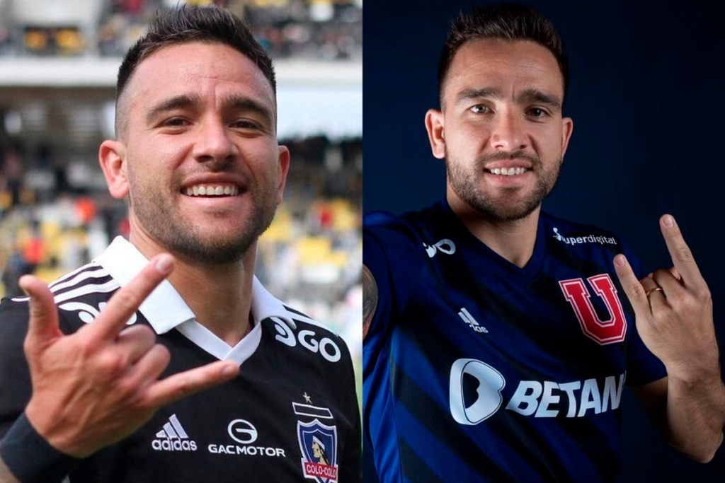 Composición de dos fotografías de Matías Zaldivia con la camiseta de Universidad de Chile y Colo-Colo.