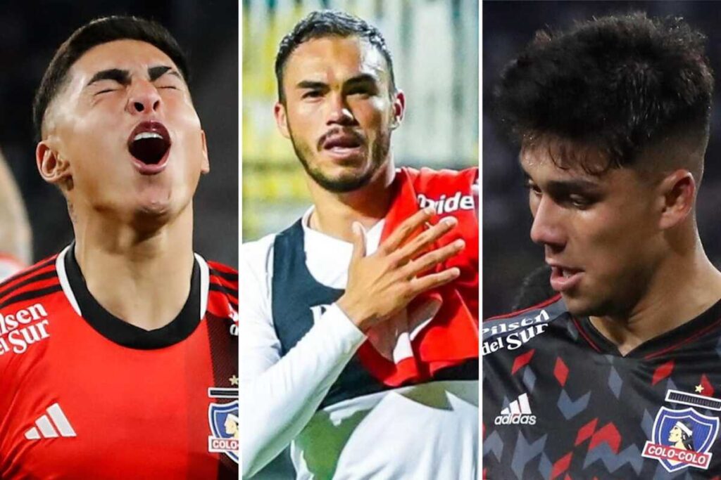 Primer plano al rostros de lamento de Jordhy Thompson y Damián Pizarro, actuales jugadores de Colo-Colo y Gabriel Suazo, futbolista del Toulouse de Francia y la Selección Chilena.