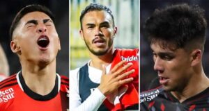 Primer plano al rostros de lamento de Jordhy Thompson y Damián Pizarro, actuales jugadores de Colo-Colo y Gabriel Suazo, futbolista del Toulouse de Francia y la Selección Chilena.