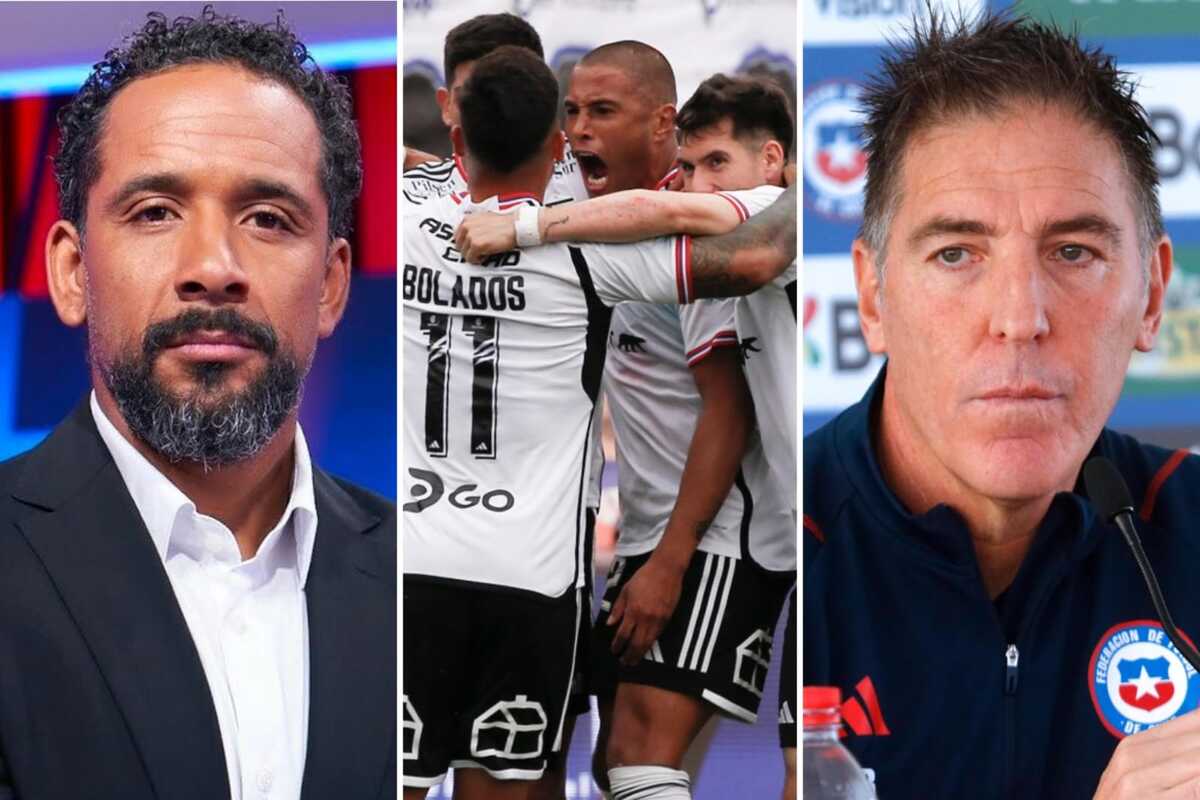 Primer plano a los rostros de Eduardo Berizzo y Jean Beausejour, sumado a los futbolistas de Colo-Colo celebrando un gol.