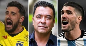 Primer plano al actual portero de Colo-Colo Fernando de Paul, el actual relator deportivo Claudio Palma y al campeón del mundo con Argentina Rodrigo de Paul.