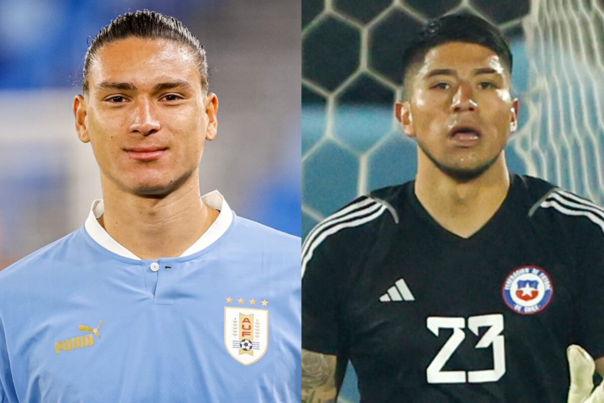 Primer plano a los rostros de Darwin Núñez con la camiseta de Uruguay y Brayan Cortés con la de la Selección Chilena.