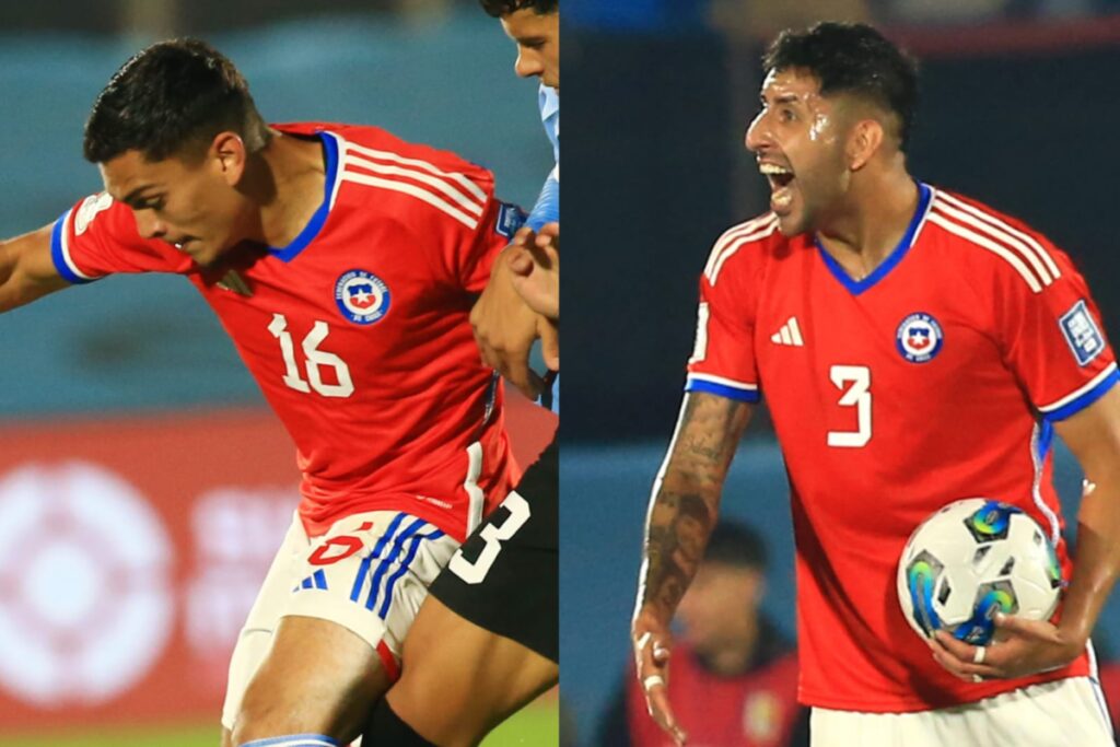 Fotos de Nayel Mehssatou y Guillermo Maripán durante el partido de la Selección Chilena frente a Uruguay.